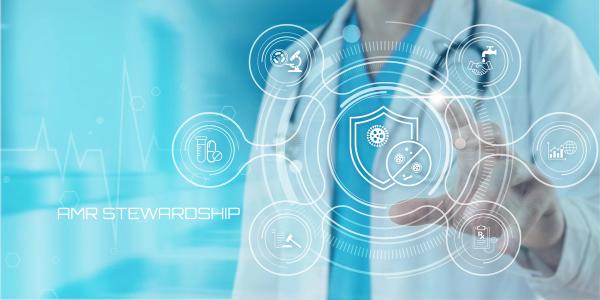 Medical professional using futuristic interface for antimicrobial resistance stewardship to combat superbugs and improve healthcare outcomes | Image Credit: KHAN VECTOR CO. | stock.adobe.com