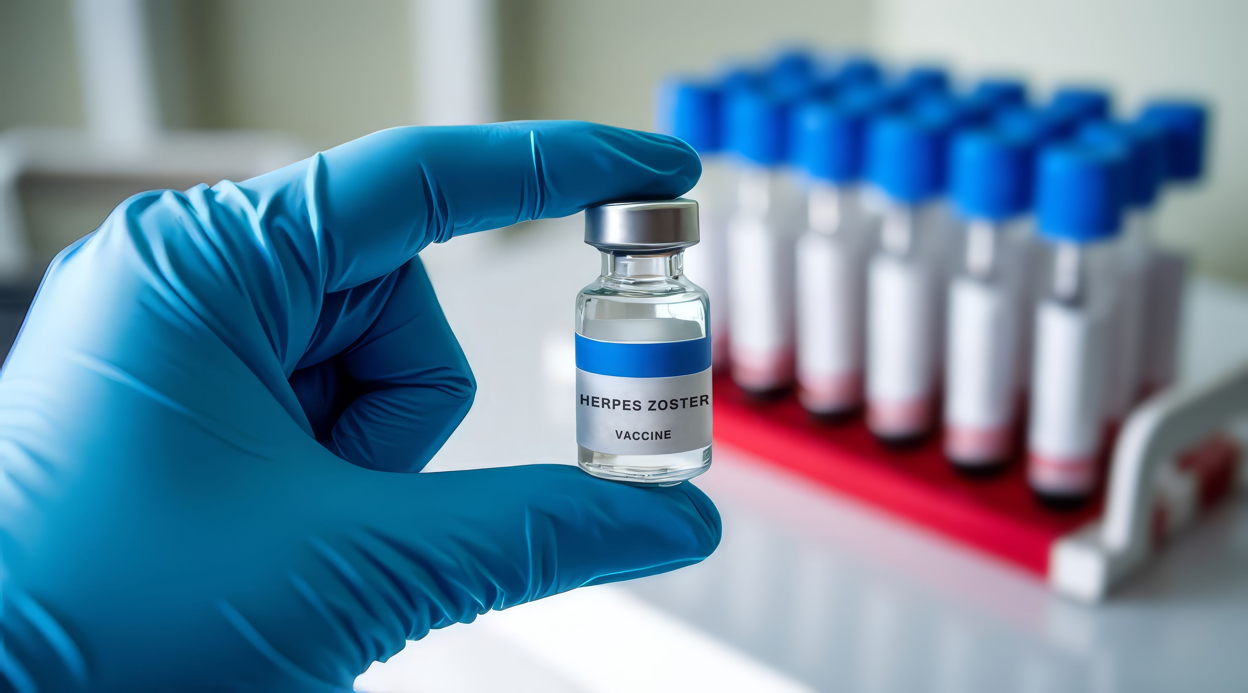 Close-up of doctor or nurse's hand in blue gloves holding small bottle of herpes zoster, varicella zoster vaccine on blurry medical office with laboratory sample vials and blood test tubes background - Image credit: cabado | stock.adobe.com