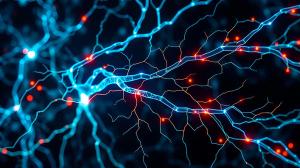 Neuromuscular disorders neon glow nervous system visualizing diseases like ALS myasthenia gravis being treated advanced therapies under Neurology