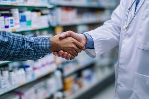 Fellow pharmacists shake hands in agreement in a busy pharmacy setting, fellow pharmacists shaking hands in agreement close-up - Image credit: Ifti Digital | stock.adobe.com