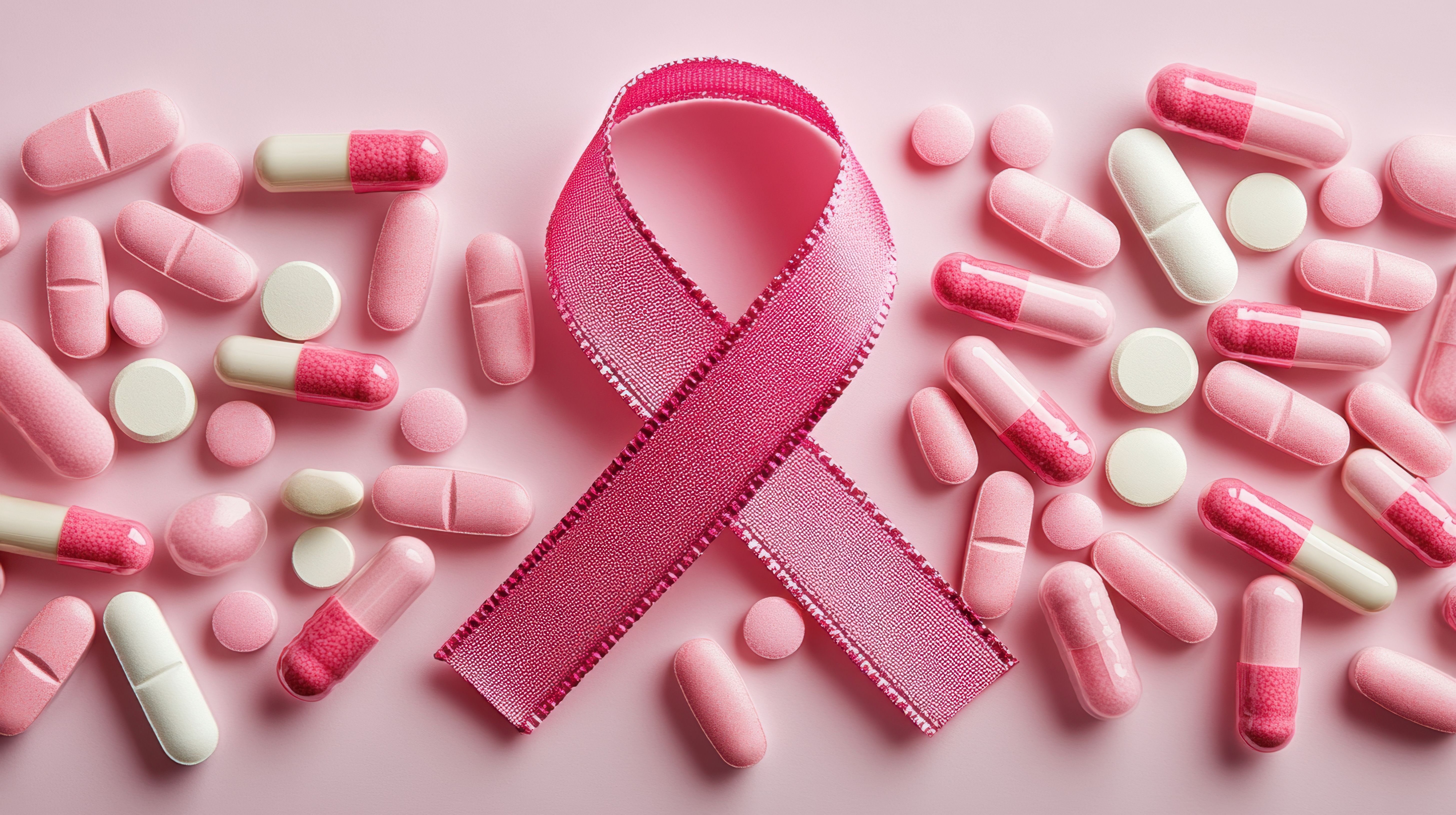 Pink ribbon and pills on color background. Breast cancer awareness concept. pink ribbon symbol of breast cancer with medicines. 3d illustration. | Image Credit: Tichila | stock.adobe.com