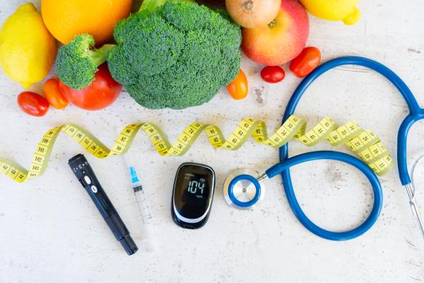 raw vegetables with blood glucose meter, syringe, lancet and stethoscope on desk, diabetes healthy diet concept - Image credit: neirfy | stock.adobe.com