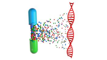 Pill capsule opens and releases drugs to DNA strand. Medication interacting with double-helix. Pharmacogenomics , Pharmacogenetics themes. 3d rendering illustration. Credit: vrx123 - stock.adobe.com