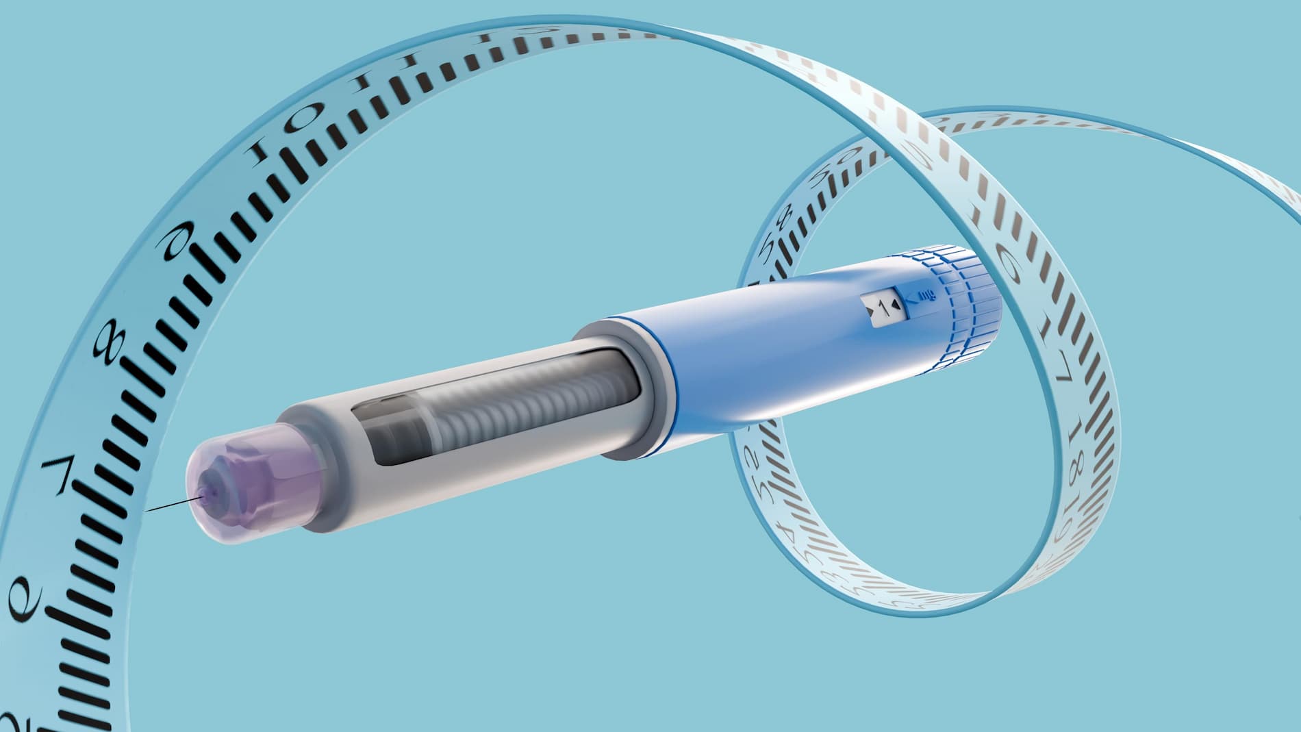 3D rendering of a GLP-1 agonist injector pen, a weight loss medication, with a medical measuring tape or ruler spiraling dynamically around its form.