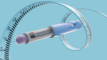 3D rendering of a GLP-1 agonist injector pen, a weight loss medication, with a medical measuring tape or ruler spiraling dynamically around its form.