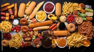 Composition of many junk unhealthy fast food on the table. Ultra processed food concept. Low nutrition value, high calories value - Image credit: troyanphoto | stock.adobe.com