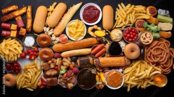 Composition of many junk unhealthy fast food on the table. Ultra processed food concept. Low nutrition value, high calories value - Image credit: troyanphoto | stock.adobe.com