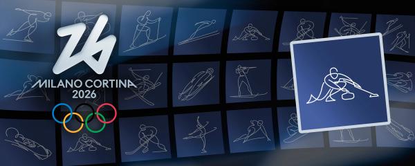 Image Credit: Fabio Principe | MILAN, ITALY, DECEMBER 12, 2025. The official Curling pictogram is displayed on a blue card in front of the branding logo and sports icons for the upcoming Milano Cortina 2026 Winter Olympic Games. 