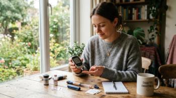 Diabetic person managing: blood glucose, health regimen, daily control, glucose level, finger stick, insulin therapy, chronic condition, self care, medical device, wellness routine. | Image Credit: MMerellinn | stock.adobe.com
