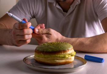 Patient adjusting insulin pen dose ozempic before injection near sweet dessert, diabetes management. GLP-1 weight loss, Tirzepatide, slimming, food noise