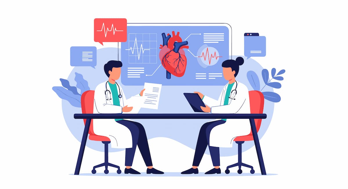 Two doctors collaborating on patient cardiovascular health data analysis