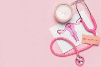 Papers with word MENOPAUSE, uterus, stethoscope and alarm clock on pink background