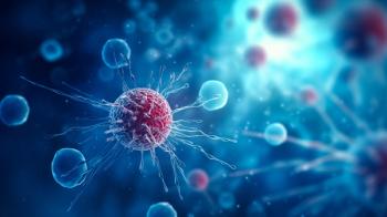 Banner Medical illustration, red cancer cell on blue background | Image Credit: © Adin - stock.adobe.com