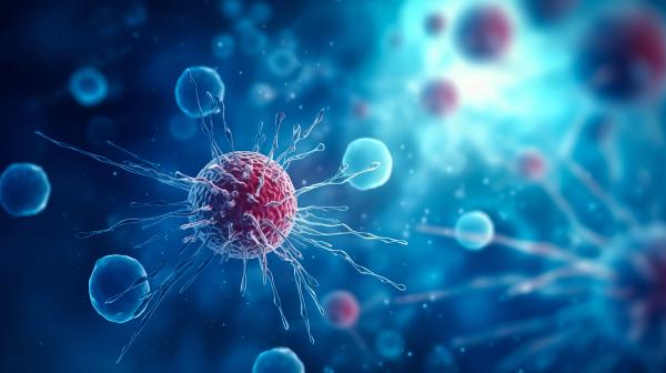 Banner Medical illustration, red cancer cell on blue background | Image Credit: © Adin - stock.adobe.com