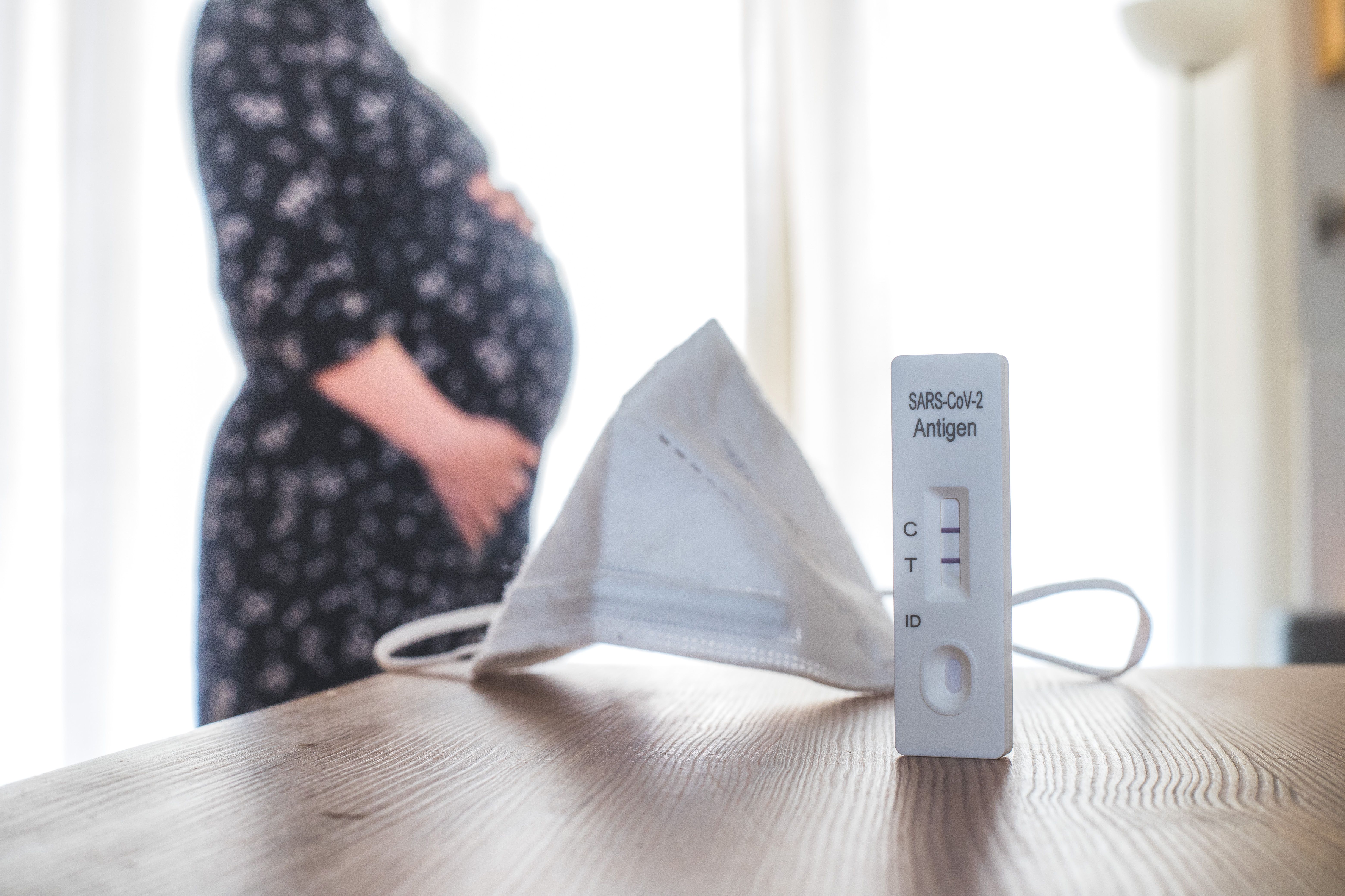 Coronavirus and Covid19 during pregnancy: Close up of positive covid antigen test, pregnant woman in the blurry background. Image credit: Patrick Daxenbichler | stock.adobe.com 