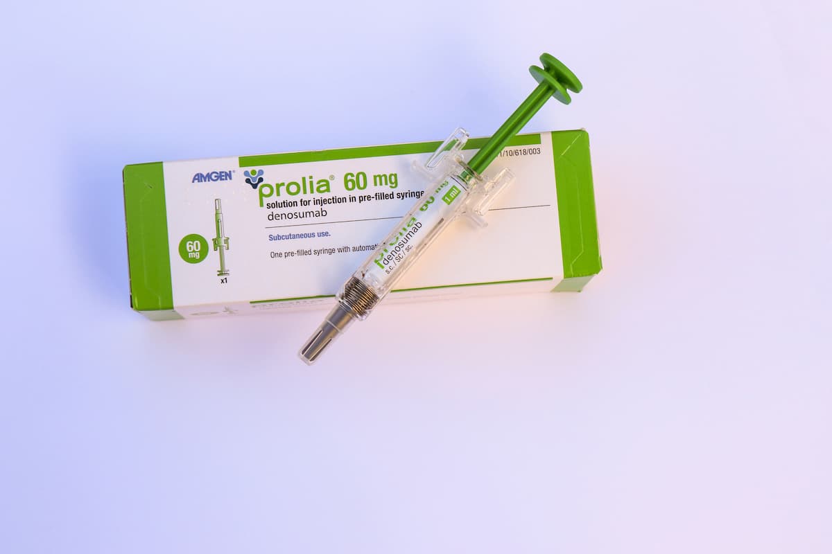 Amgen Prolia Denosumab for injection in pre-filled syringe with protective cap. Monoclonal antibody used to treat bone loss in women post menopause