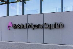 Bristol Myers Squibb company logo on the exterior wall of a modern office building, showing a clean corporate design and pharmaceutical branding. Oegstgeest, Netherlands, 3 May 2025 - Image credit: PixelBiss | stock.adobe.com