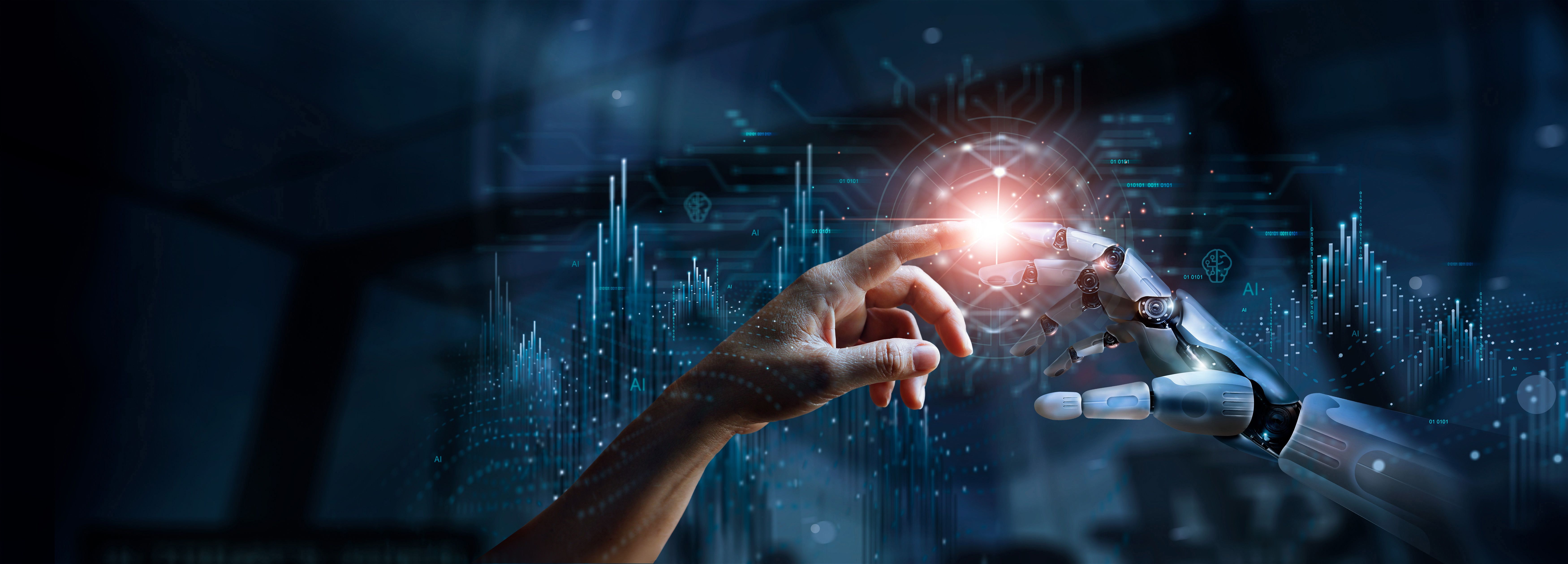 AI, Machine learning, Hands of robot and human touching on big data network connection, Data exchange, deep learning, Science and artificial intelligence technology, innovation of futuristic - Image credit: ipopba | stock.adobe.com