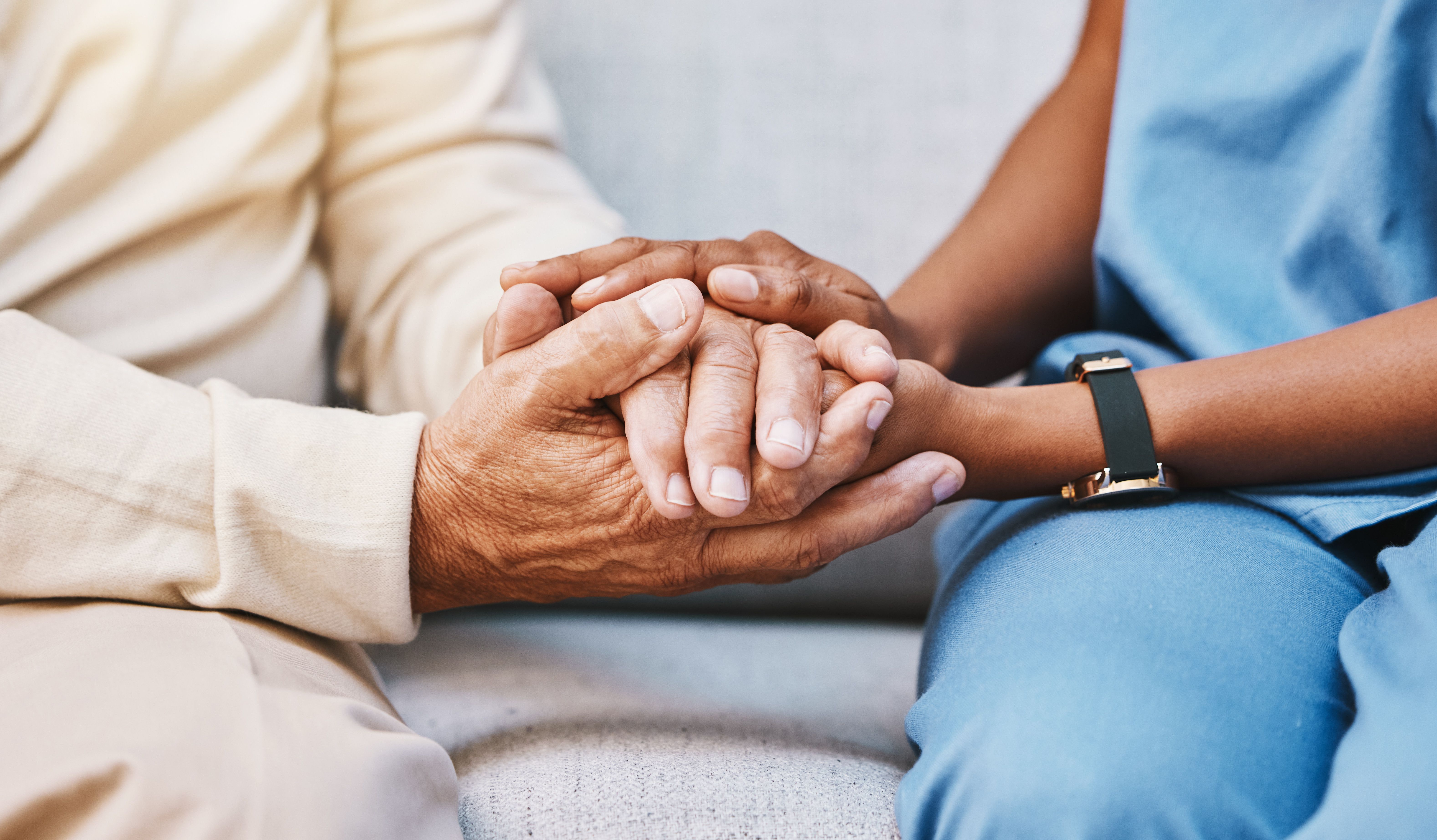 Nurse, hands and senior patient in empathy, safety and support of help, trust and healthcare consulting. Nursing home, counseling and gratitude for medical caregiver, client and hope in consultation - Image credit: C Davids/peopleimages.com | stock.adpbe.com 