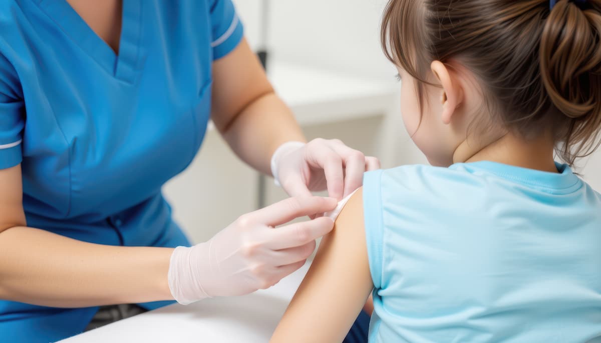 Kid with injury treated by nurse with bandage. A healthcare professional administers a vaccination to a young girl in a clinical setting, emphasizing care and health awareness