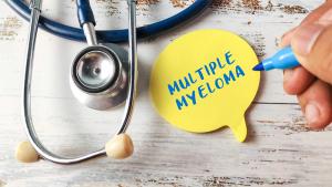 Hand Writing "Multiple Myeloma" on a Yellow Speech Bubble Next to a Stethoscope, Representing Blood Cancer Awareness and Diagnosis | Image Credit: MohamadFaizal | stock.adobe.com