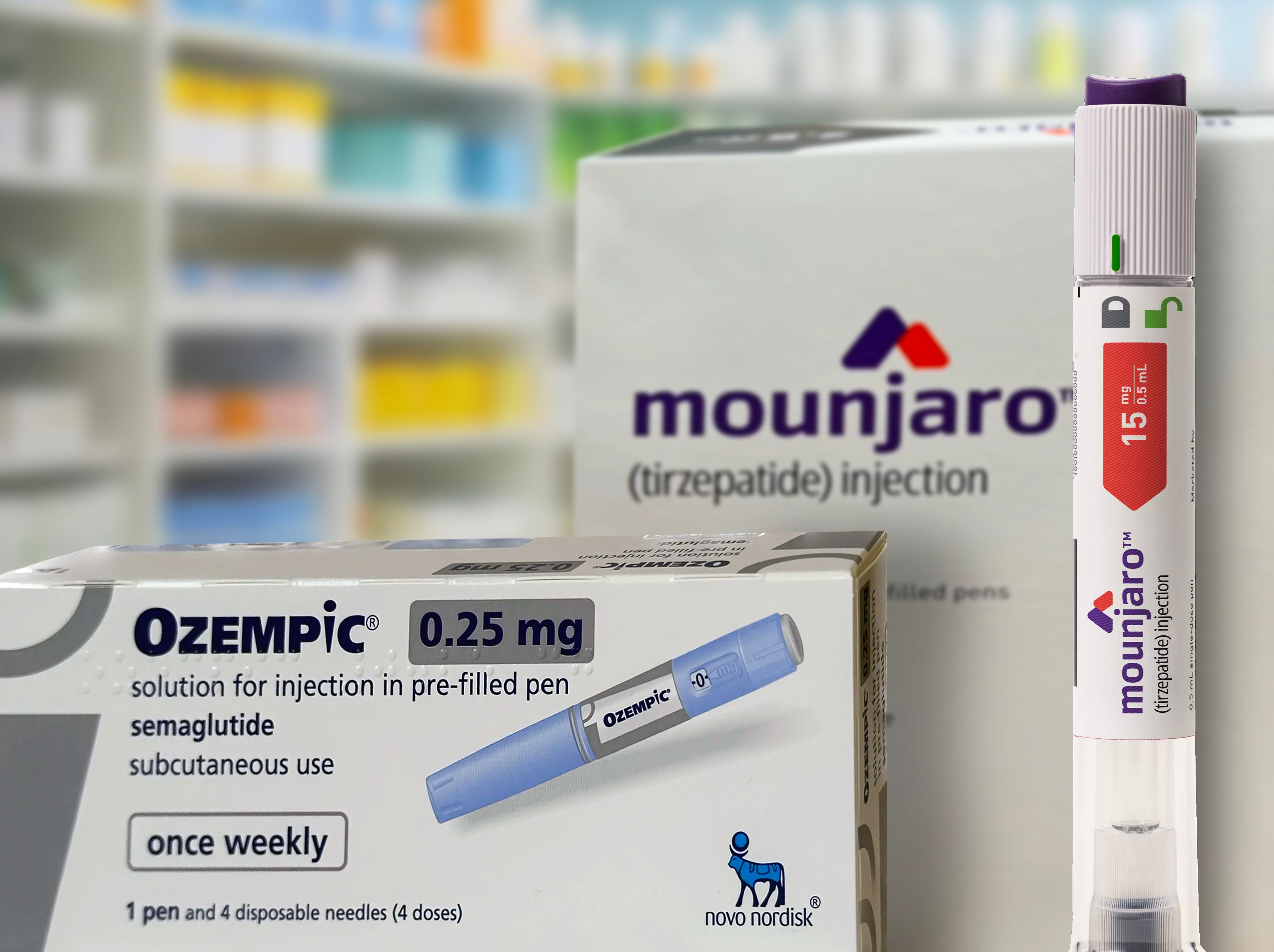 Ozempic from Novo Nordisk and Mounjaro from Eli Lilly with injecyion pen are medicines to help control blood sugar levels type 2 diabetes, and weight loss. Copenhagen, Denmark - November 8, 2023.