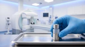 Clinician holding shielded radiopharmaceutical vial on sterile tray in imaging suite, concept of nuclear medicine, PET CT tracer preparation and diagnostic oncology | Image Credit: © Kateryna Sharko - stock.adobe.com