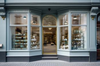 Modern pharmacy building facade with large window showcasing the interior, as seen from the street view, promoting a welcoming atmosphere for customers. Frontal view. Generative AI - Image credit: Karrrtinki | stock.adobe.com