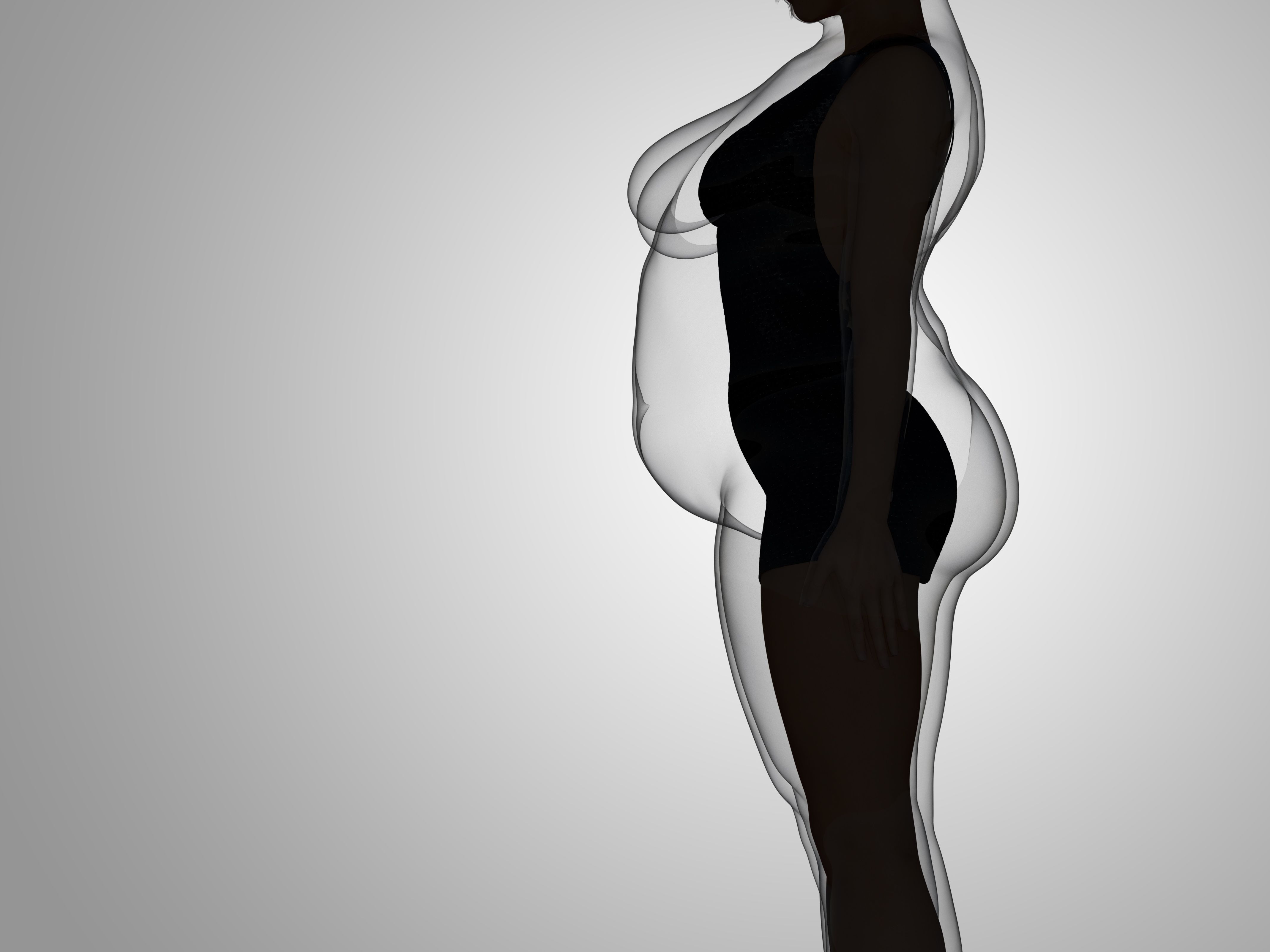 Conceptual fat overweight obese female vs slim fit healthy body after weight loss or diet with muscles thin young woman on gray. A fitness, nutrition or fatness obesity, health shape 3D illustration - Image credit: high_resolution | stock.adobe.com