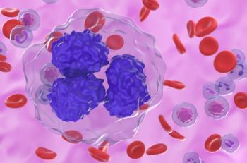Follicular lymphoma (FL) cells in blood flow - closeup view 3d illustration