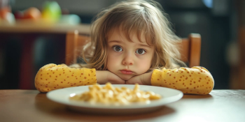 Sad little girl sitting in front of a dish and refusing to eat. Avoidant restrictive food intake disorder (ARFID), food sensory issues or picky eating concept. | Image Credit: Ekaterina Pokrovsky | stock.adobe.com