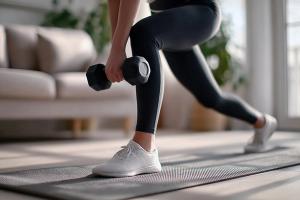Sporty woman performing lunges with dumbbells, training legs and glutes on a mat in her living room - Image credit: Arfa_Media | stock.adobe.com