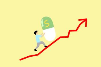 Illustration of man pushing pill up and upward trend line | Image Credit: © Devardo_Shiva45 - stock.adobe.com