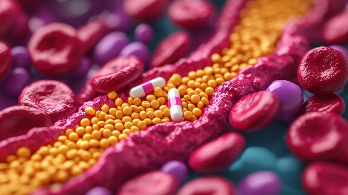 Statin Cholesterol Reduction. Microscopic view of blood vessels and cells in a biological context.