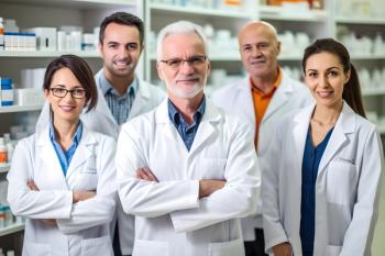 Credit: AspctStyle | stock.adobe.com. Group of pharmacists standing together and looking at the camera in a chemist. Group of healthcare professionals working in a pharmacy.