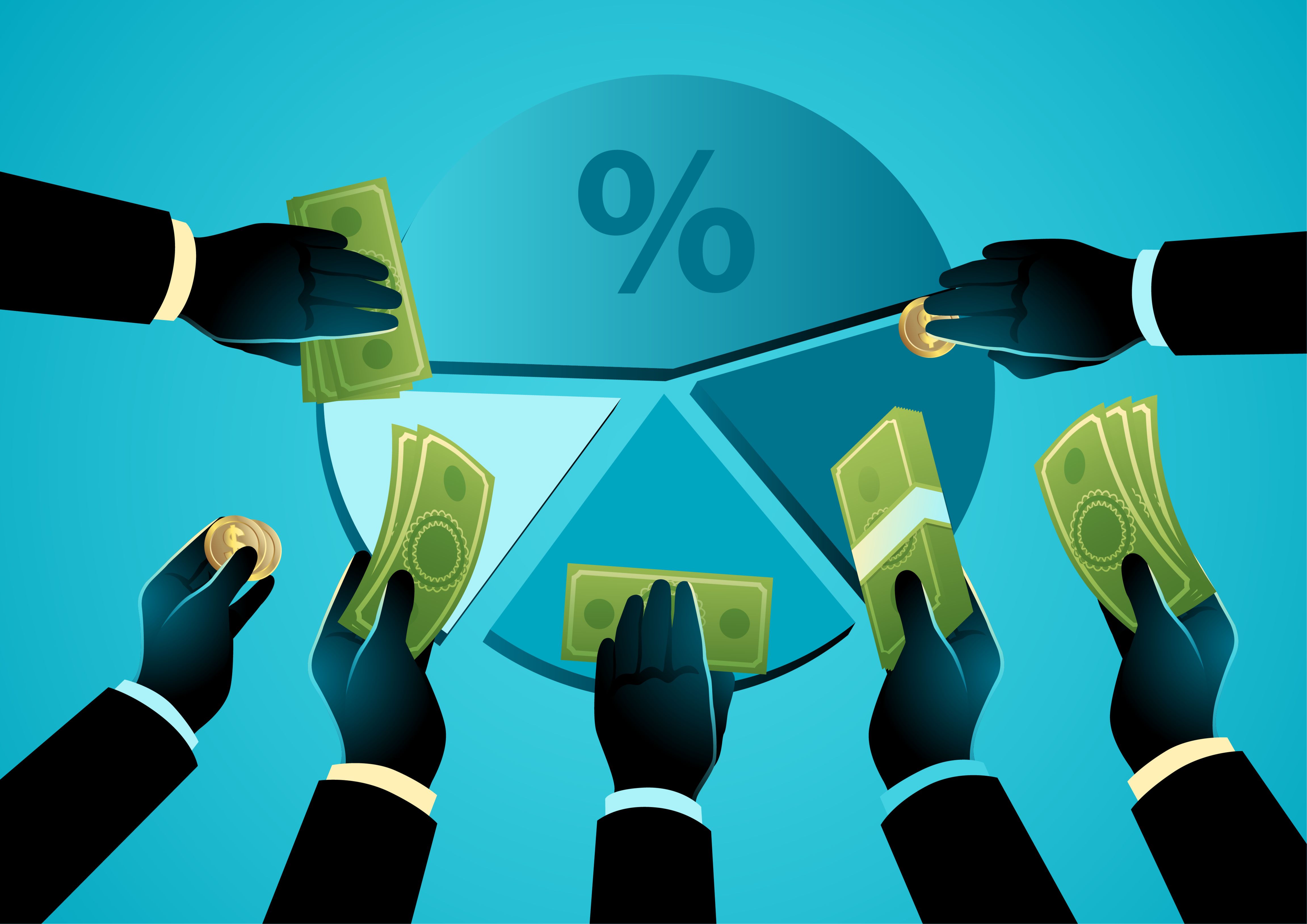 Credit: rudall30 | stock.adobe.com. Hands offering money with a circular chart at the center, symbolizing shareholder equity, crowdfunding, business partnerships, and investments