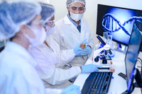 Pharmaceutical research team collaborating on drug development project. Experts in safety gear combining chemical testing with digital analysis in science lab. | Image Credit: ©ultramansk -stock.adobe.com