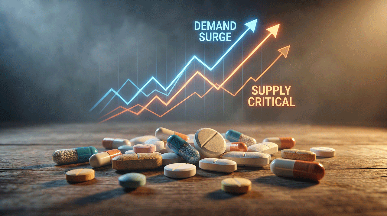 Demand surge and supply critical issues highlight healthcare system overload with scattered medicine pills on wooden surface under warm light | Image Source: ©Enjoy -stock.adobe.com