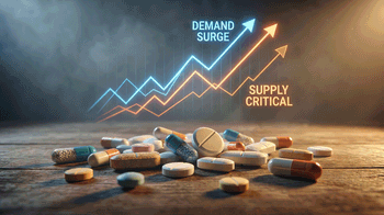 Demand surge and supply critical issues highlight healthcare system overload with scattered medicine pills on wooden surface under warm light | Image Source: ©Enjoy -stock.adobe.com