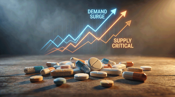 Demand surge and supply critical issues highlight healthcare system overload with scattered medicine pills on wooden surface under warm light | Image Source: ©Enjoy -stock.adobe.com