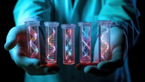 scientist holding medical testing tubes or vials of medical pharmaceutical research with blood cells and virus cure using DNA genome sequencing biotechnology as wide banner hologram | Image Credit: © sizsus - © sizsus - stock.adobe.com