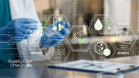 Modern digital illustration depicting supply chain challenges in pharmaceutical and medical logistics with interconnected icons | Image Credit: ©KHAN VECTOR CO. -stock.adobe.com
