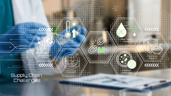 Modern digital illustration depicting supply chain challenges in pharmaceutical and medical logistics with interconnected icons | Image Credit: ©KHAN VECTOR CO. -stock.adobe.com
