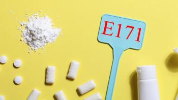 Titanium dioxide, E171, dangerous additive concept. gum, pills, toothpaste, powder and sign with E171 on yellow background. copy space banner | Image credit: ©Анна Мартьянова - stock.adobe.com