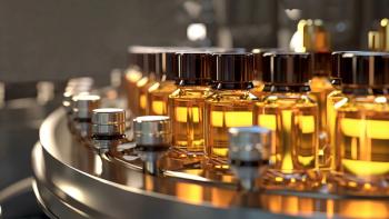 an automated production line manufacturing glossy luxury cosmetic packaging filled with amber liquid in a spotlessly clean and modern factory. generative AI | Image credit: © yj - stock.adobe.com