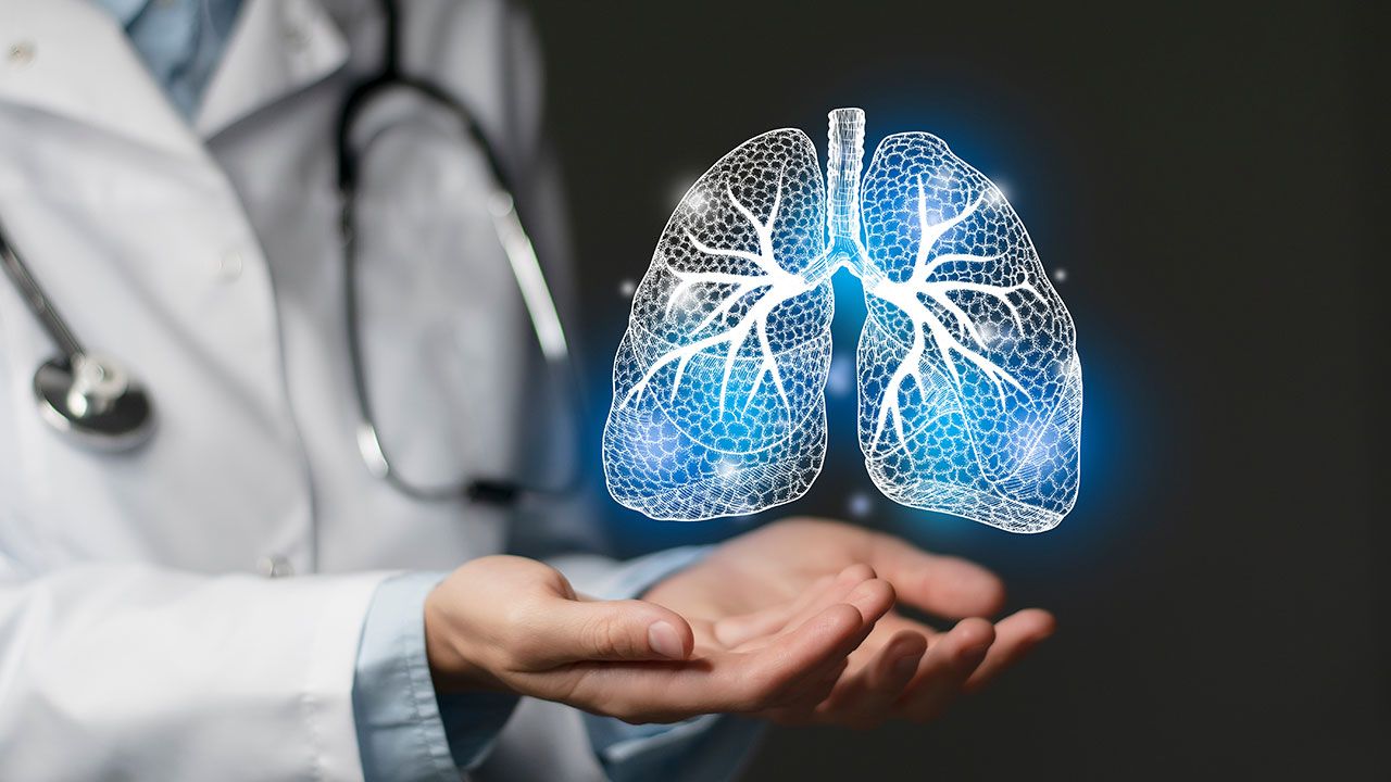 Pulmonologist doctor, lungs specialist. Aesthetic handdrawn highlighted illustration of human lings. Dark grey background, studio photo and collage. | Image Credit: ©mi_viri -stock.adobe.com