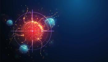 Abstract vertical illustration of targeting cancer cell made of glowing neon particles. Blue geometric background depicting cancer cell screening and disease treatment medical concept. Digital art | Image Credit: © artacet - stock.adobe.com