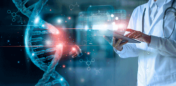 Abstract luminous DNA molecule. Doctor using tablet and check with analysis chromosome DNA genetic of human on virtual interface. Medicine. Medical science and biotechnology. | Image Credit: ©ipopba -stock.adobe.com