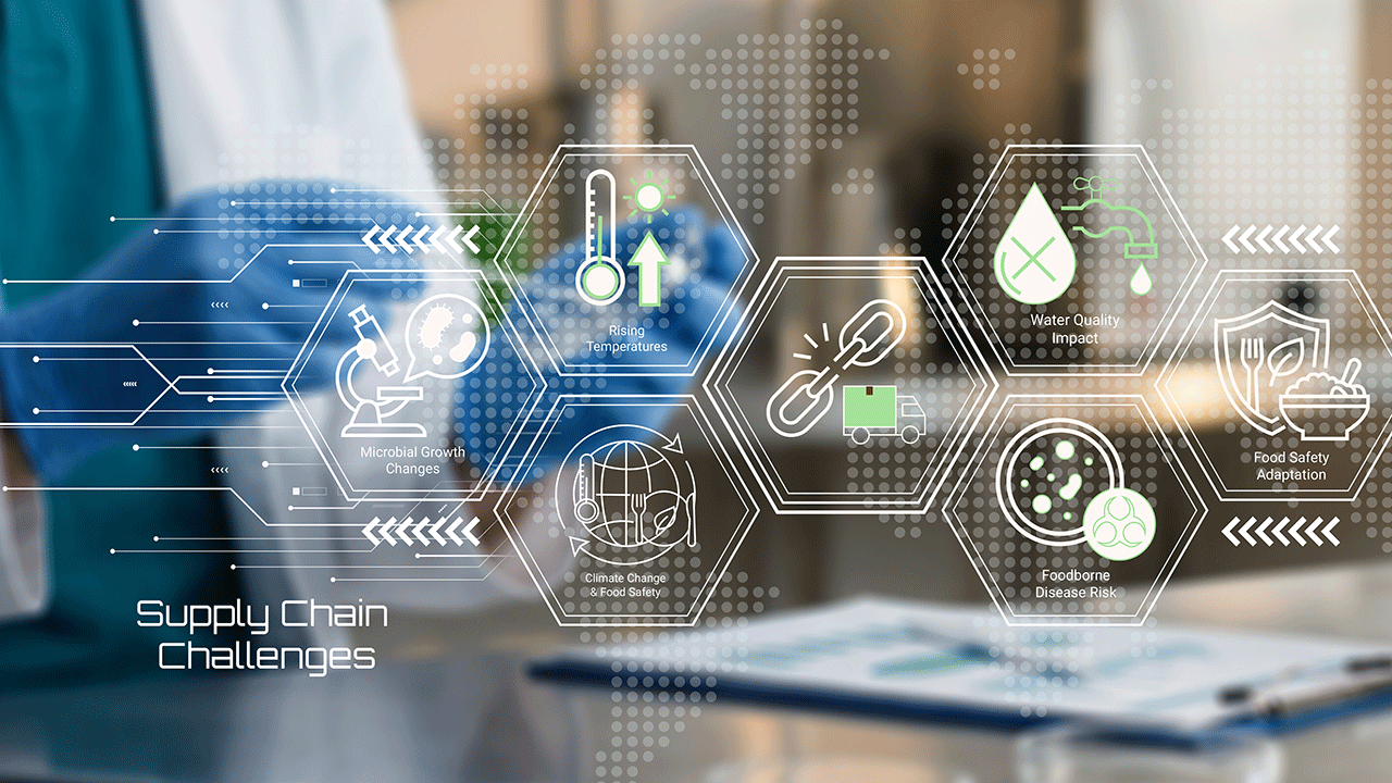 Modern digital illustration depicting supply chain challenges in pharmaceutical and medical logistics with interconnected icons | Image Credit: ©KHAN VECTOR CO. -stock.adobe.com