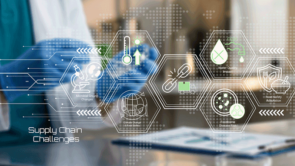 Modern digital illustration depicting supply chain challenges in pharmaceutical and medical logistics with interconnected icons | Image Credit: ©KHAN VECTOR CO. -stock.adobe.com